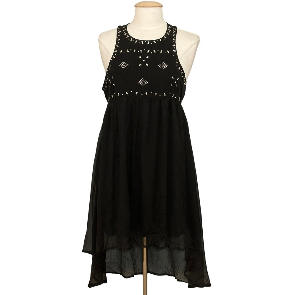 Boho Festival Womens Dress L Black Chiffon Studded Embellished Whimsigoth Rocker